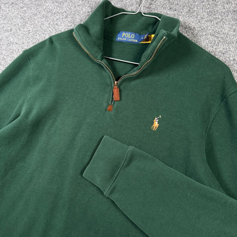 Polo Ralph Lauren Quarter Zip Pullover Mens Medium Forest Green Cotton Pony Logo